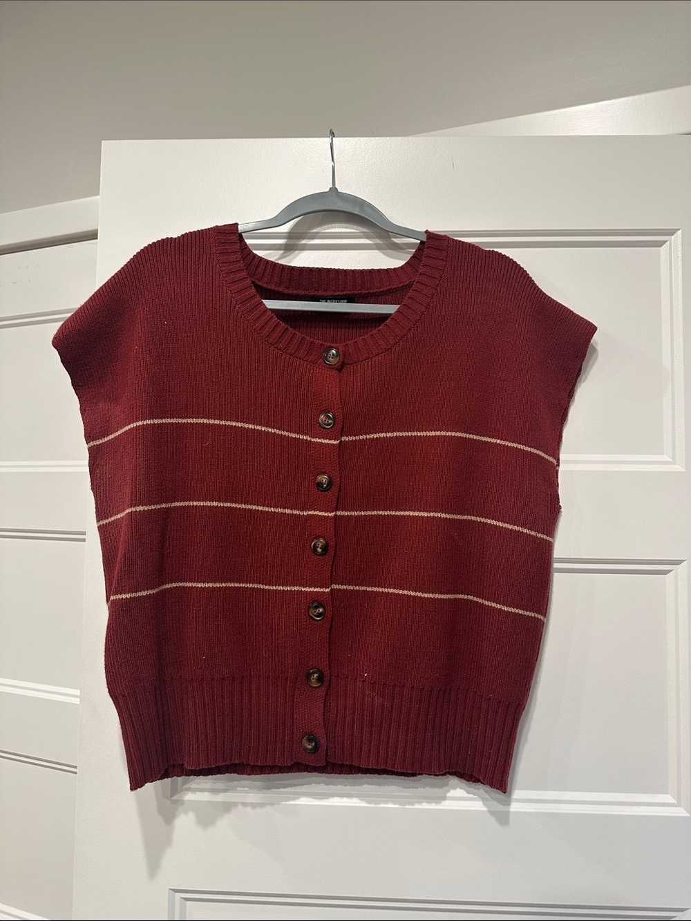 Sleeveless Button-Up Knit Vest in Burgundy with Cream Stripes